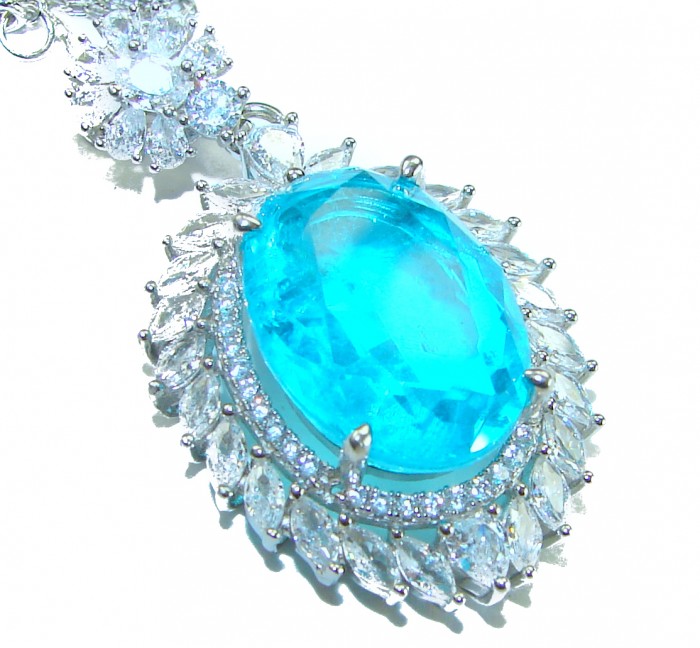 A Wild Ocean genuine 18.4 carat Paraiba Tourmaline .925 Sterling Silver handmade Statement necklace - Close-up of Paraiba Tourmaline pendant with surrounding gemstones.
