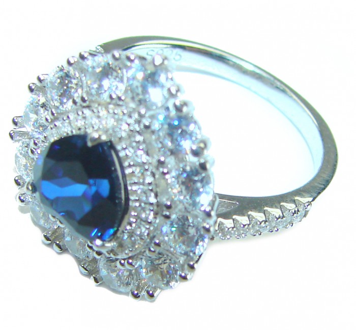 Ocean's Heart 1.8 carat Authentic Sapphire .925 Sterling Silver Handcrafted Ring size 6 1/4 - Close-up of Ocean's Heart sapphire ring with halo setting.