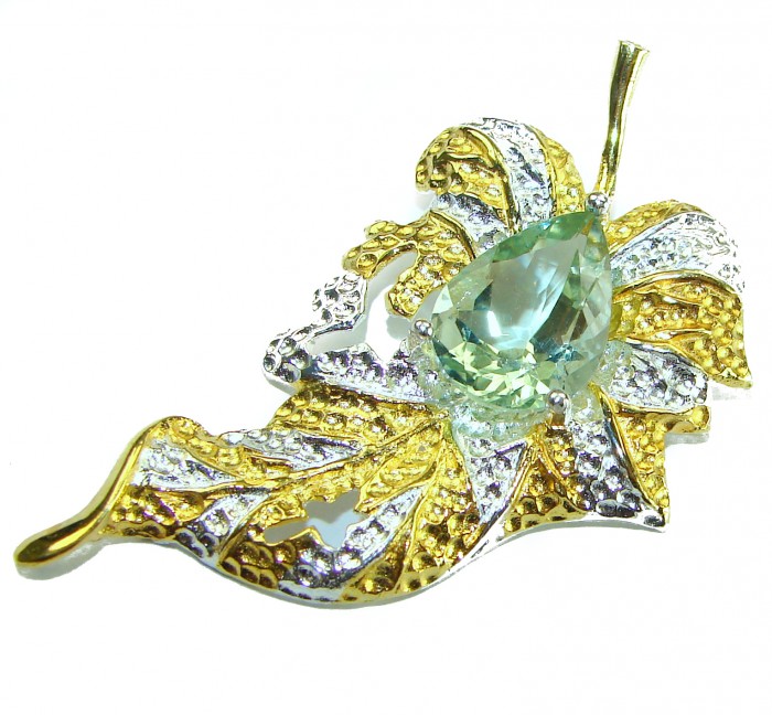 Precous Leaf Genuine Green Amethst 18K Gold over .925 Sterling Silver handcrafted Statement pendant - Leaf-shaped pendant with green amethyst, gold and silver detail, top view.