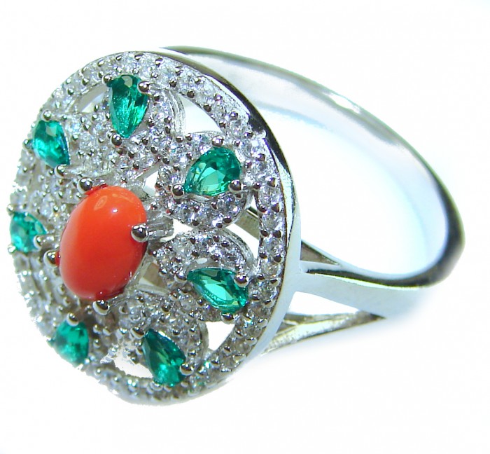 Serenity - 10.5 carat genuine Coral Emerald .925 Sterling Silver handmade ring s. 8 - Side view of Serenity ring with coral and emerald stones in sterling silver