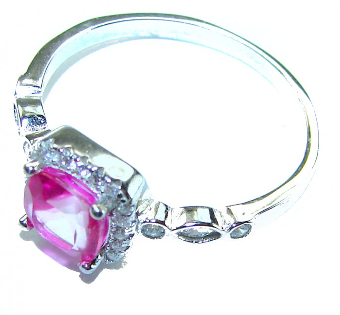 Real Beauty 3.1 carat cushion cut Pink Sapphire .925 Silver handcrafted Cocktail Ring s. 8 1/4 - Side view of pink sapphire ring with diamond accents in silver setting.