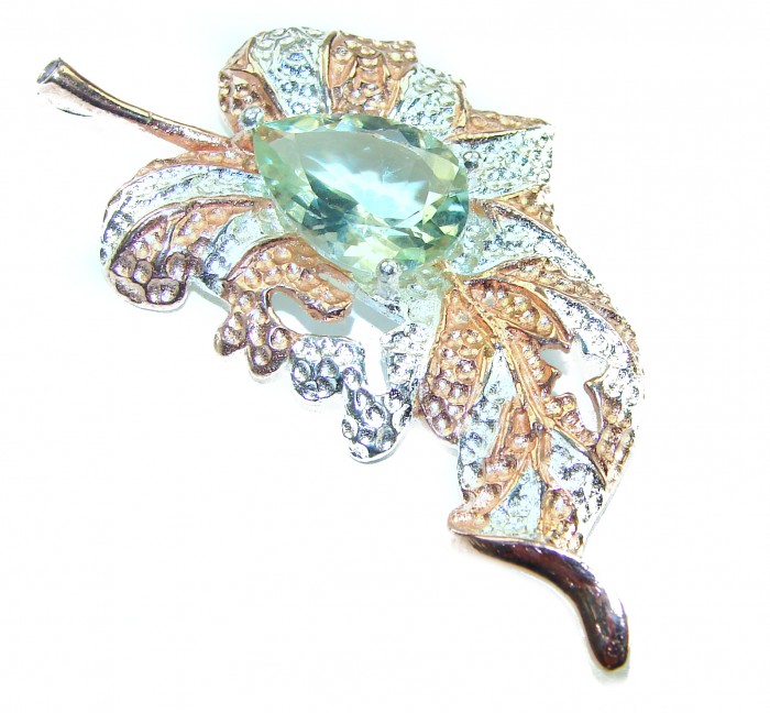 Precous Leaf Genuine Green Amethst 18K Gold over .925 Sterling Silver handcrafted Statement pendant - Leaf brooch with green amethyst, top view.