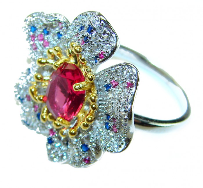 4.2 carat oval cut Brazilian Pink Tourmaline 2 tones .925 Silver handcrafted Cocktail Ring s. 7 adjustable - Close-up of floral ring with pink tourmaline and multicolored gems.