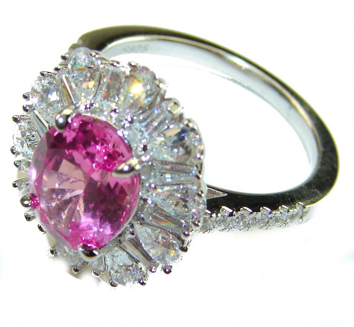 Blooming Beauty 5.8 carat oval cut Pink Sapphire .925 Silver handcrafted Cocktail Ring s. 7 1/4 - Side view of pink sapphire ring with diamond accents, 5.8 carat, .925 silver.