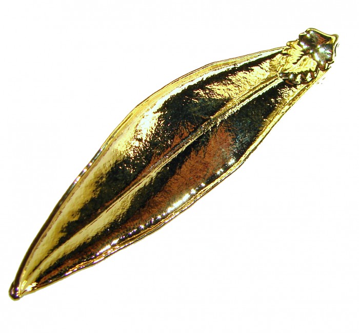 Natural Leaf .925 Sterling Silver dipped in real 10k Gold handmade pendant - Side view of leaf-shaped gold-dipped sterling silver jewelry piece.