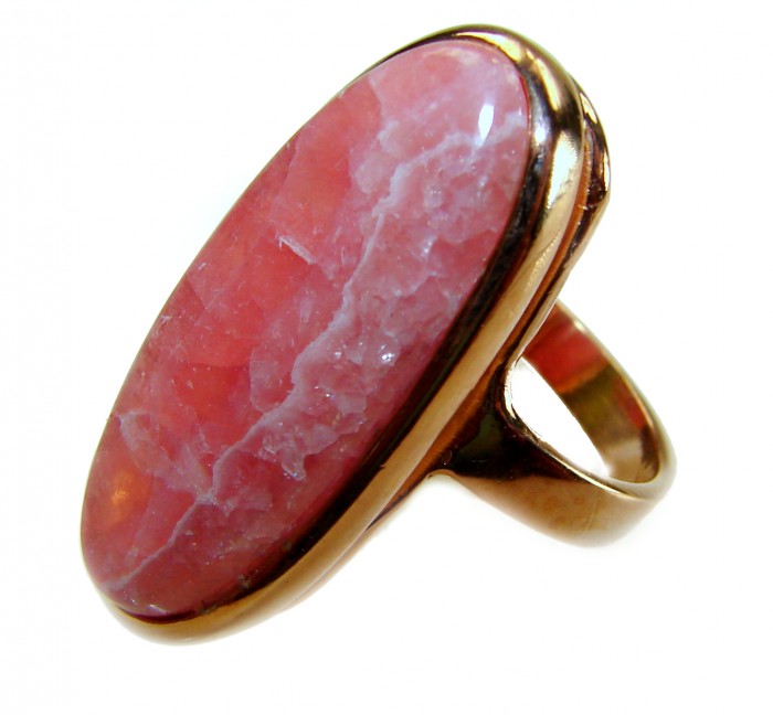 Large top quaity Argentinian Rhodochrosite 18K Gold over .925 Sterling Silver handmade ring size 8 ADJUSTABLE - Close-up of large Argentinian Rhodochrosite ring in 18K gold setting.