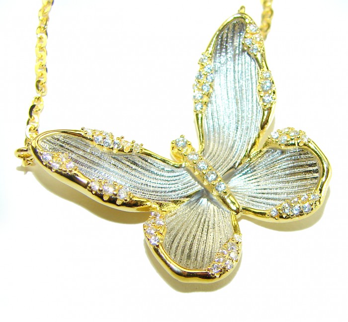 Golden Butterfly White Topaz highly polished 18K Gold over .925 Sterling Silver Italy made necklace - Butterfly pendant close-up; 18K gold with white topaz accents.