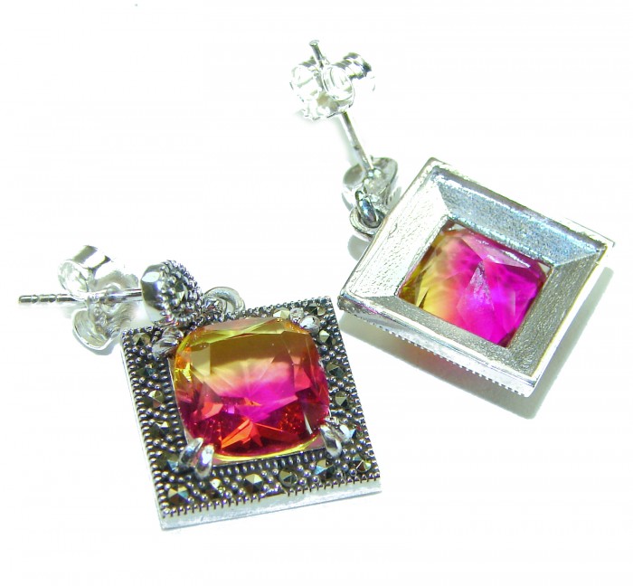 9.5 carat Ametrine Marcasite .925 Sterling Silver HANDCRAFTED Earrings - Close-up of ametrine and marcasite sterling silver earrings.
