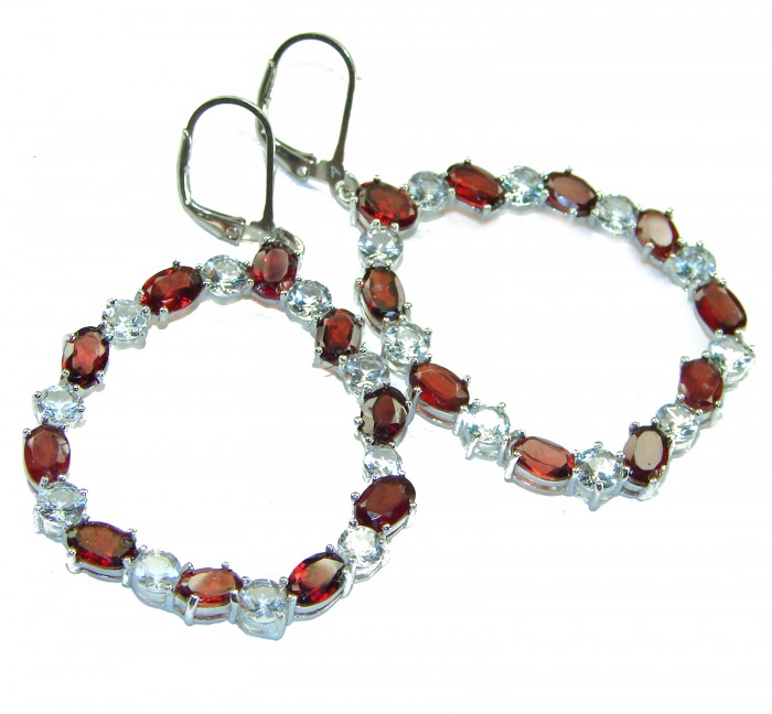 Long - Authentic 10.5ct Garnet White Topaz .925 Sterling Silver handmade earrings - Oval hoop earrings with garnet and white topaz on white background.