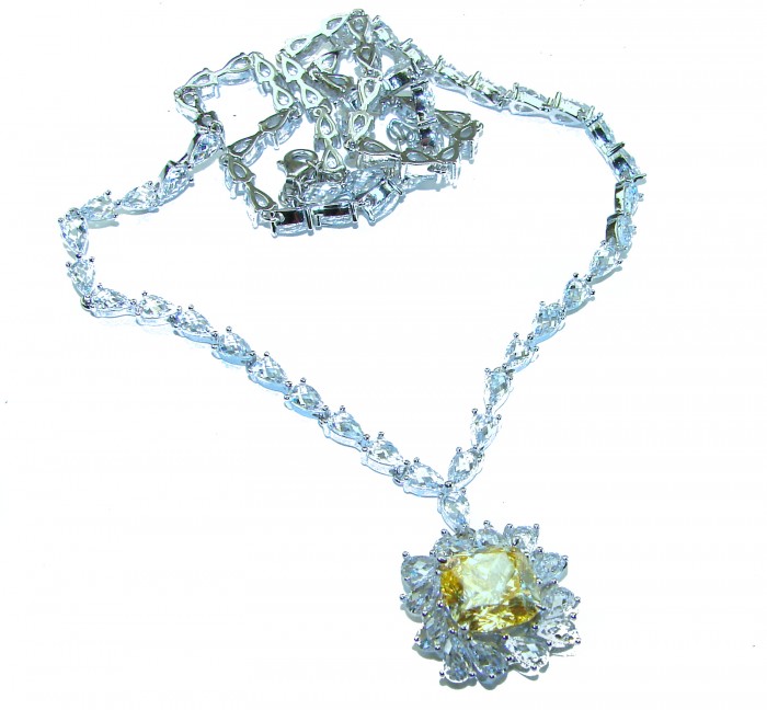 Golden - yellow Montana Sapphire .925 Sterling Silver handcrafted Statement Necklace - Necklace with yellow sapphire close-up, sterling silver detailing