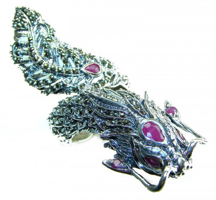 Massive Power - Oversized - Dragon 22.8 grams Marcasite Ruby . 925 Sterling Silver Ring s. 9 - Dragon jewelry close-up, showcases marcasite and ruby details.