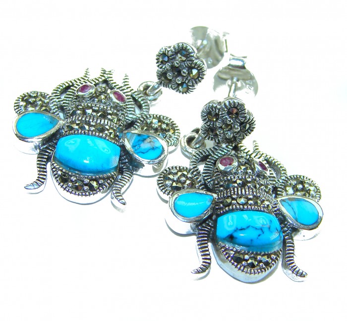 Blue Bees inlay Turquoise Ruby Marcasite .925 Sterling Silver Handcrafted earrings - Close-up of bee-shaped earrings with turquoise, ruby, and marcasite stones