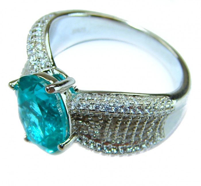 Eau Pure 7.5 carat Paraiba Tourmaline .925 Sterling Silver Handcrafted Ring size 7 1/4 - Side view of ring with Paraiba Tourmaline and diamond accents