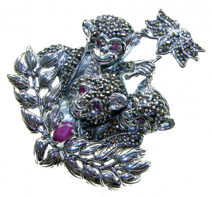 Three Happy Monkeys - Spectacular - Ruby Marcasite .925 Sterling Silver handmade Brooch - Three monkeys brooch with ruby marcasite, top view.