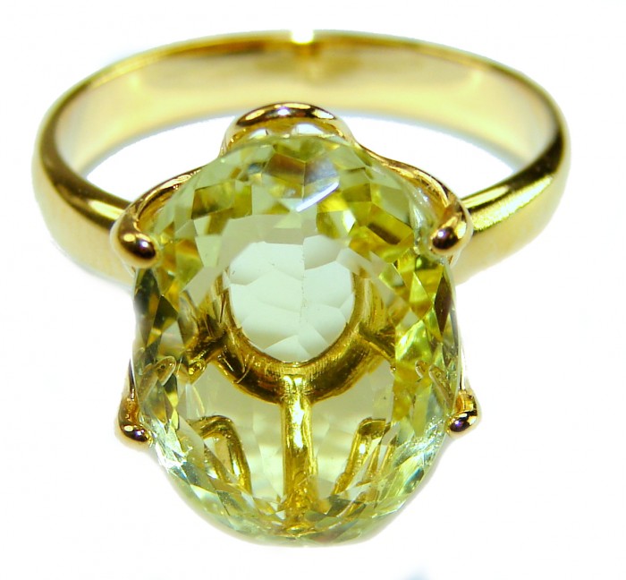 Solid 10.8 carat Genuine Lemon Quartz 18K Gold over .925 Sterling Silver handcrafted ring size 8 3/4 - Close-up of a lemon quartz ring in 18K gold over sterling silver.