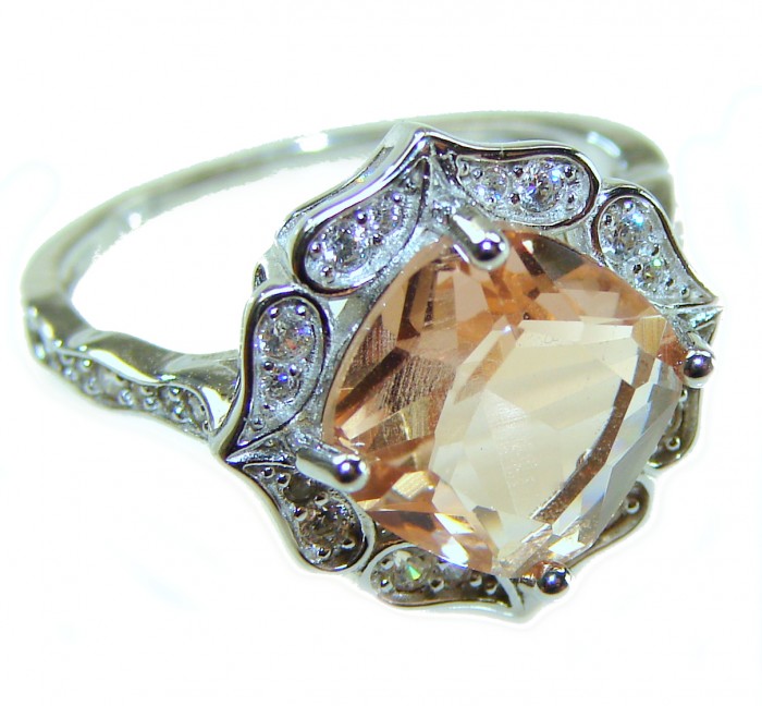 Authentic Morganite cushion cut 10.2 carat volcanic Morganite .925 Sterling Silver ring s. 8 - Morganite ring with intricate setting, stone close-up view