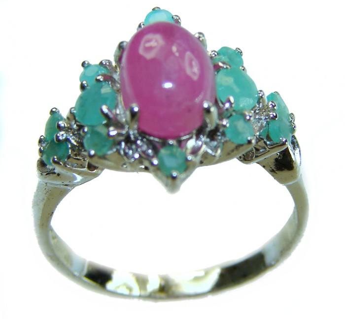 Emily 8.5 carat Ruby Emerald .925 Sterling Silver handmade Statement Ring size 7 - Ruby and emerald ring front view, sterling silver setting
