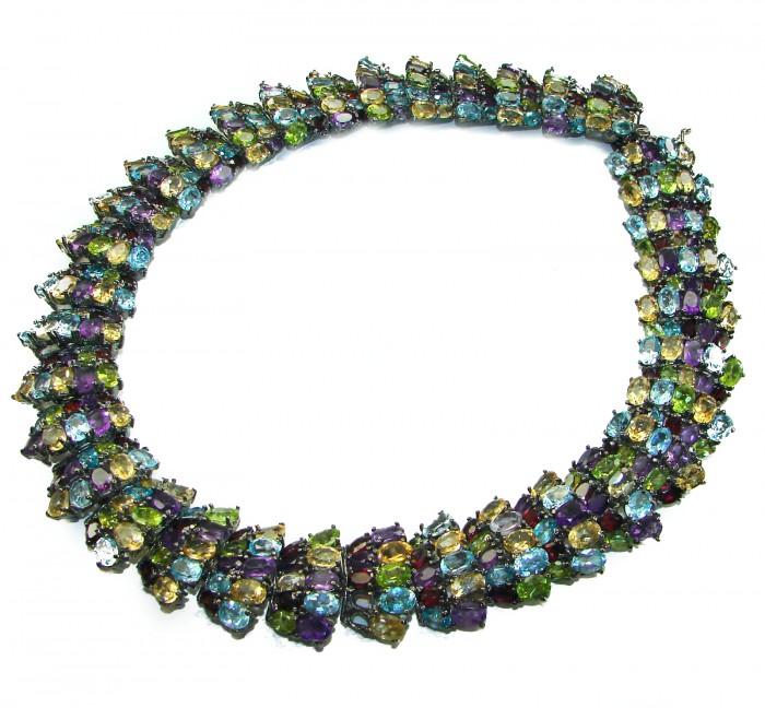 Infinity 285.5 carat Authentic Multigems Black Rhodium over .925 Sterling Silver handcrafted Statement necklace - Top view of Infinity 285.5 carat multigem necklace, black rhodium finish