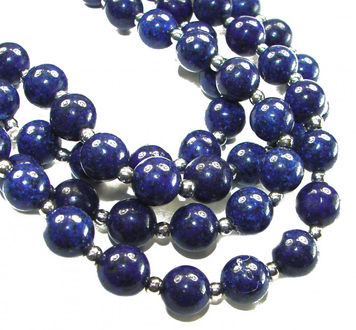 Boho Style 105.2 grams Lapis Lazuli .925 Sterling Silver handmade necklace - Close-up of Lapis Lazuli beads and silver in Boho Style jewelry necklace.