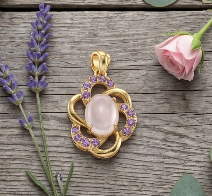 Scarlett 5.8 carat Rose Quartz Amethyst 22K Gold over .925 Sterling Silver handcrafted Statement Pendant - Gold pendant with rose quartz and amethyst, top view on wooden background