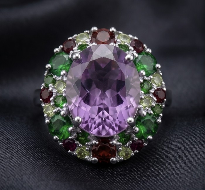Lavender Beauty authentic 14.2 carat Amethyst .925 Sterling Silver dipped in rhodium handcrafted Ring size 8 1/4 - Close-up of Lavender Beauty amethyst ring with multicolored gemstones