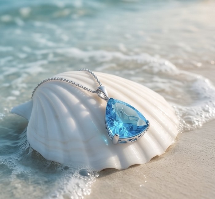 Trillion cut 28.5 carat Vintage style Swiss Blue Topaz .925 Sterling Silver DIPPED IN RHODIUM handmade Pendant - Trillion cut blue topaz necklace on shell at the beach, close-up view.