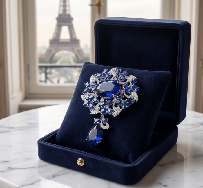 An exuberantly Large 135.8 carats Vintage style Sapphire .925 Sterling Silver DIPPED IN RHODIUM handmade LARGE Pendant - Brooch - Sapphire brooch with floral design and Eiffel Tower in background