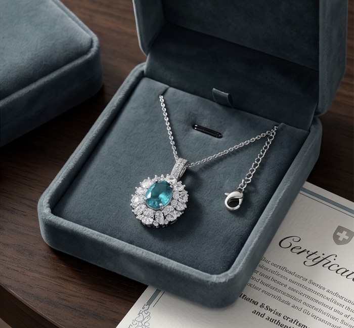 Wonderland 6.8 carat Paraiba Tourmaline .925 Sterling Silver Handcrafted Statement necklace - Paraiba Tourmaline necklace in open box, overhead view