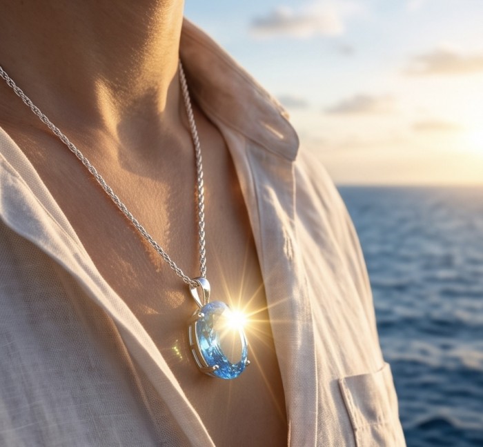 Vintage style 39.8 carat Swiss Blue Topaz .925 Sterling Silver DIPPED IN RHODIUM handmade Pendant - Close-up of vintage 39.8 carat Swiss Blue Topaz pendant worn outdoors.