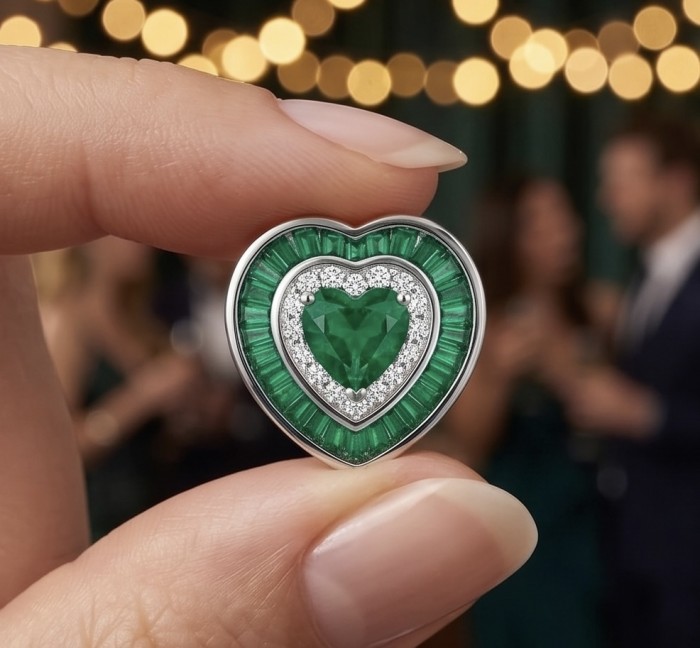 Art deco - My Sweet Heart Natural 2.8 carat Colombian Emerald .925 Sterling Silver Handcrafted Earrings - Close-up of heart-shaped emerald jewelry held between fingers.