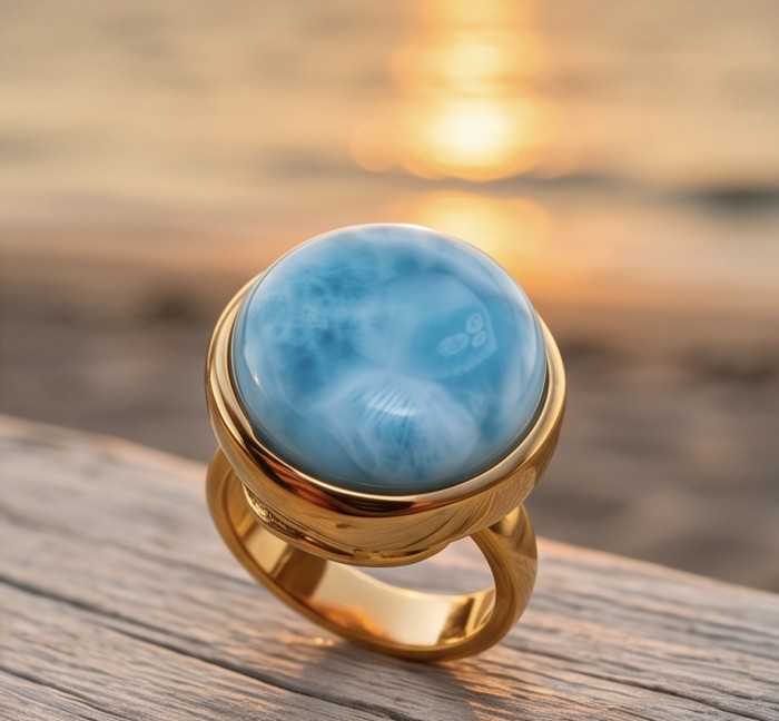 Perfection 20.4 carat Blue Larimar 22K Gold over .925 Sterling Silver handmade ring size 7 adjustable - Close-up of a blue Larimar ring with gold setting on wood background.