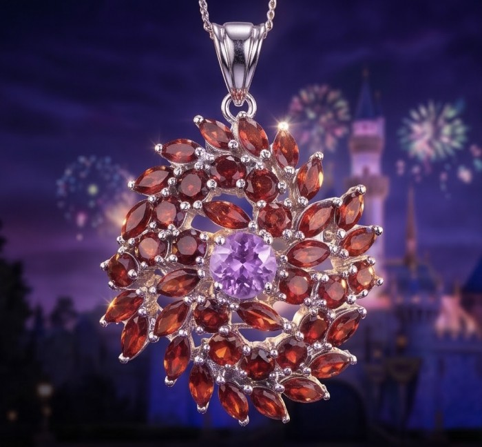 Clementine - Precious 32.5 carat Multigem .925 Sterling Silver dipped in rhodium Pendant - Close-up of Clementine pendant with multigem stones against fireworks backdrop