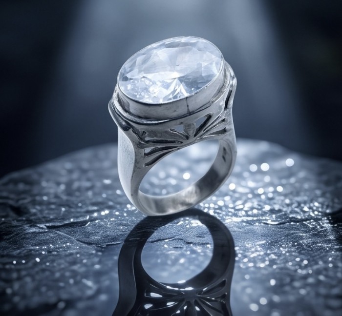 Ice 11.8 carat White Topaz .925 Sterling Silver dipped in rhodium handcrafted ring size 6 1/4 - White topaz ring in sterling silver, close-up with reflective surface.