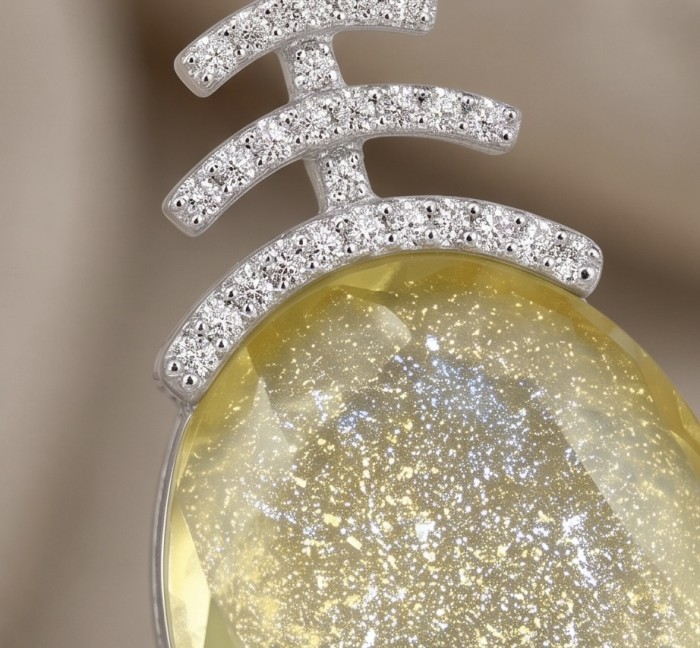 Summer Time 17.8 carat Lemon Quartz rhodium over .925 Sterling Silver handcrafted Statement Earrings - Close-up of Lemon Quartz stone with sparkling silver accents
