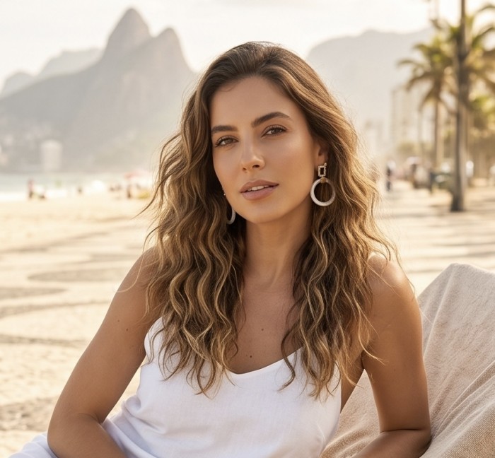 Genuine Blister Pearl lab grown Diamond 18K Gold over .925 Sterling Silver handcrafted Statement Earrings - Woman wearing hoop earrings on a beach with mountains in the background.