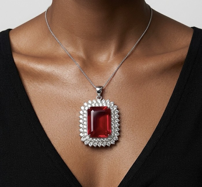 Rare finding! Deluxe 51.2 carat authentic emerald cut Kashmir Ruby rhodium over .925 Sterling Silver handmade Statement Pendant - Close-up of emerald cut red gemstone pendant on a chain, worn on neck
