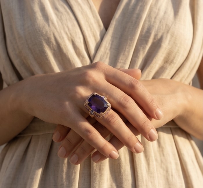 The Spirit of Athens 27.5 CARAT Amethyst Enamel .925 Sterling Silver dipped in 18K Gold Handcrafted Ring size 7 - Amethyst ring worn on hand, front view.