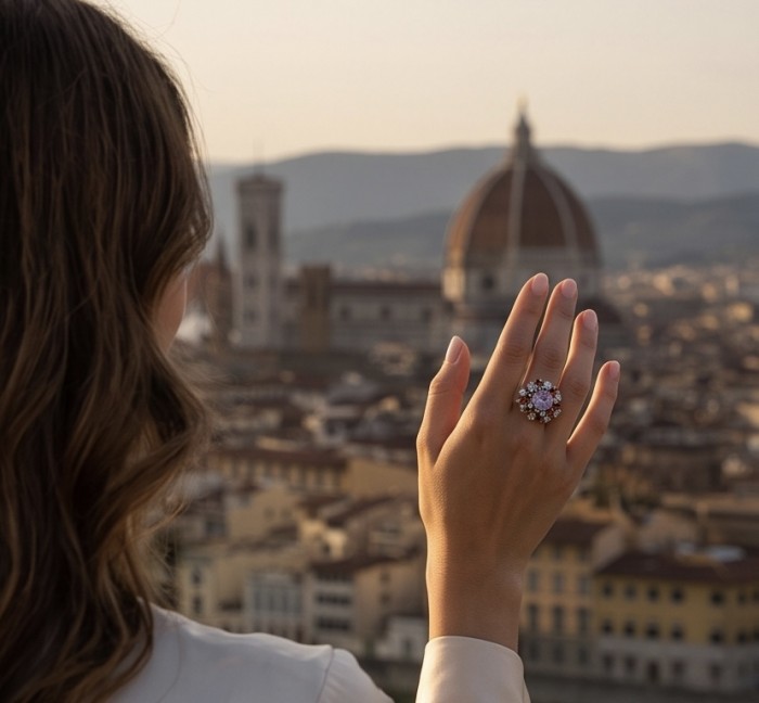 Natural 22.8 carat Fancy cut Amethyst rhodium over .925 Sterling Silver handcrafted Statement Ring size 7 - Amethyst ring worn on hand with Florence skyline background.