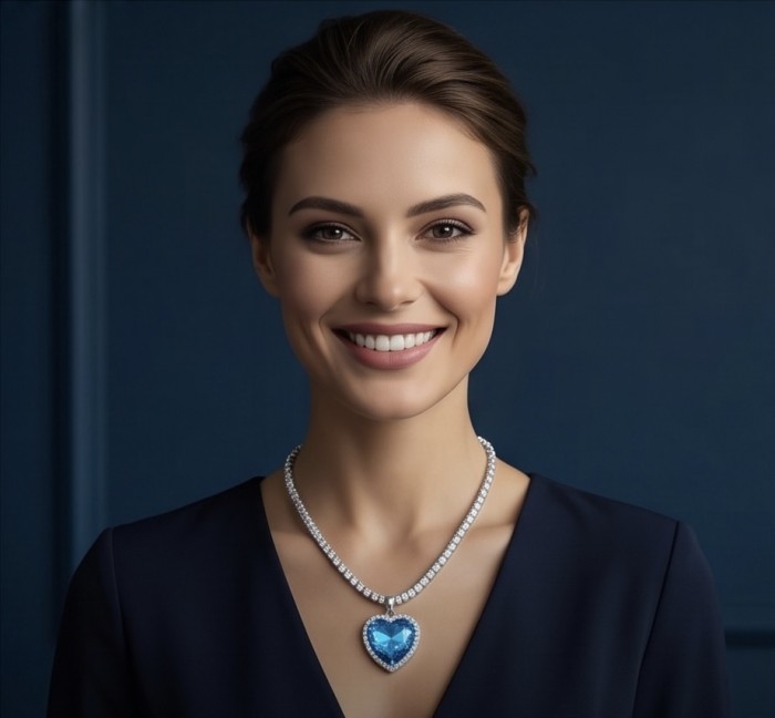Titanic - Heart of The Ocean Necklace ~ 33.5 Ct Blue Sapphire Necklace In 925 Sterling Silver necklace - Woman wearing Titanic Heart of The Ocean Necklace, front view