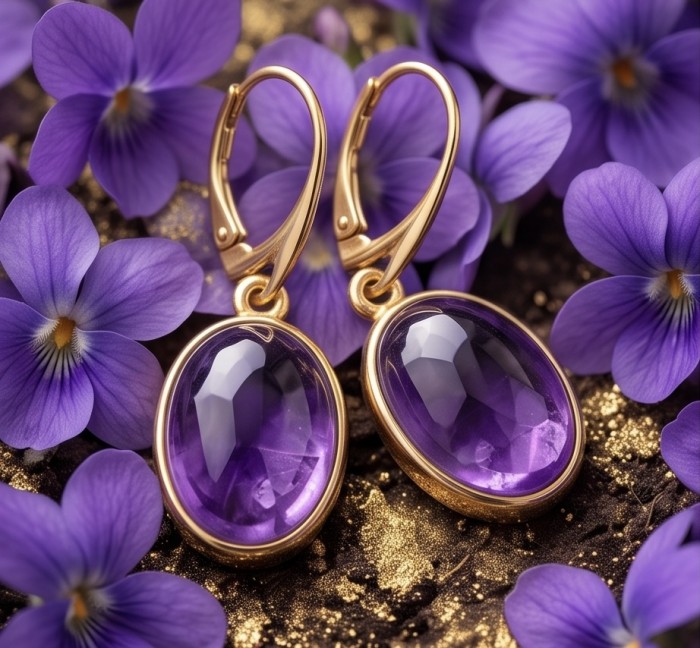 Lavender Beauty authentic 18.2 carat Amethyst 14K Gold over .925 Sterling Silver handcrafted earrings - Amethyst earrings in 14K gold with violets, front view.