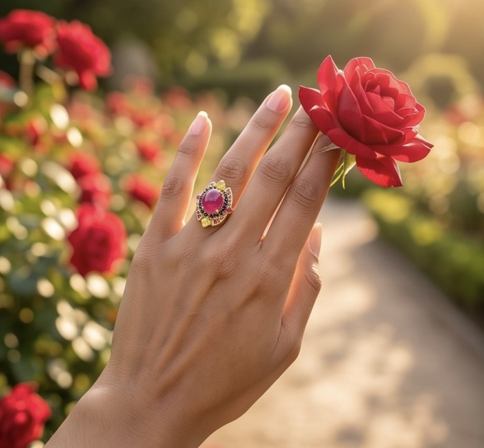 King of Gems Genuine 24.5 CARAT Mozambique Ruby 18K Gold over .925 Sterling Silver Large Statement Ring size 7 - Ruby ring in 18K gold worn on hand with red roses in the background.