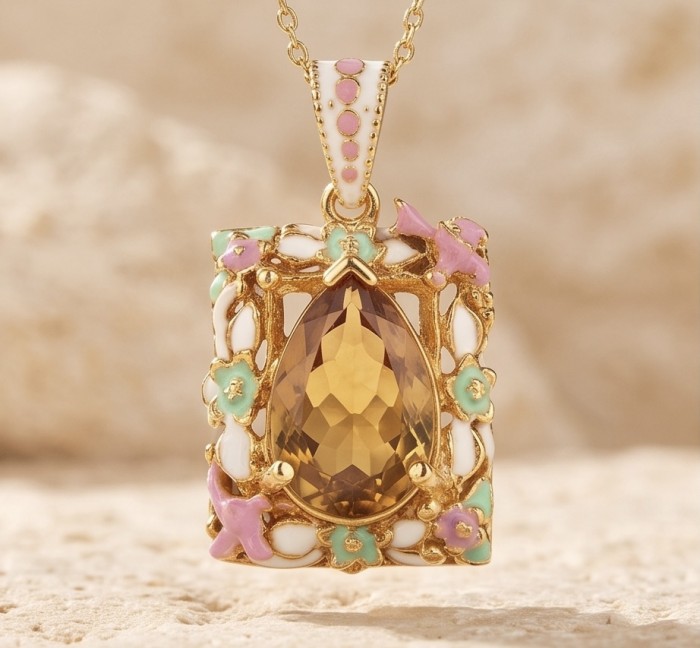 Paradise 15.4 carat Lemon Quartz Enamel 18K Gold over .925 Sterling Silver handcrafted pendant - Front view of Paradise 15.4 ct Lemon Quartz pendant with enamel accents