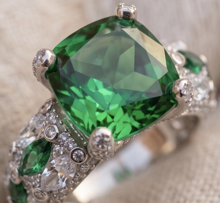 Isabella 8.2 carat Colombian Emerald .925 Sterling Silver dipped in Rhodium handcrafted Ring size 8 - Emerald ring close-up on .925 Sterling Silver with side stone detail