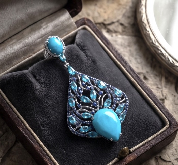 Pacifica - 14.4 carat Sleeping Beauty Turquoise 4.8 carat Swiss Blue Topaz .925 Sterling Silver handmade Statement Earrings - Elegant turquoise pendant with intricate design in an open jewelry box.