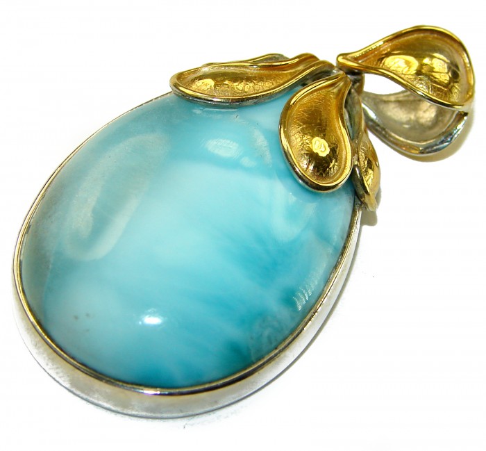 Vintage Beauty genuine Blue Larimar 14K Gold over .925 Sterling Silver handmade Pendant - photo 2