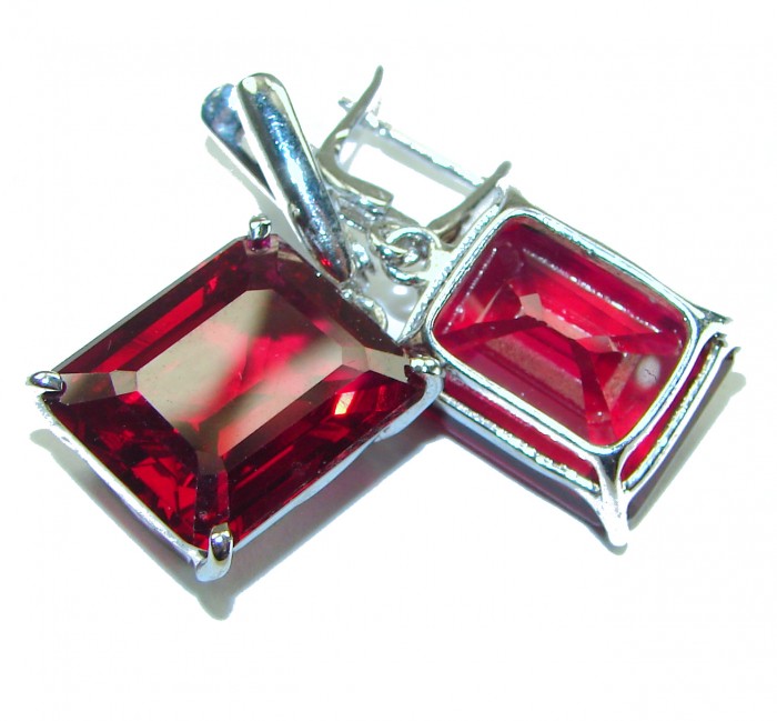 Blooming Rose baguette cut 26.5 carat Red Topaz .925 Sterling Silver handmade Statement earrings - photo 2