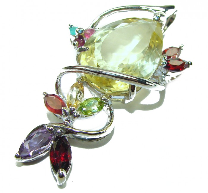 Timeless Jewels genuine 15.5 CARAT Lemon Topaz .925 Sterling Silver handmade Pendant - Topaz brooch with colorful gemstones, top view.