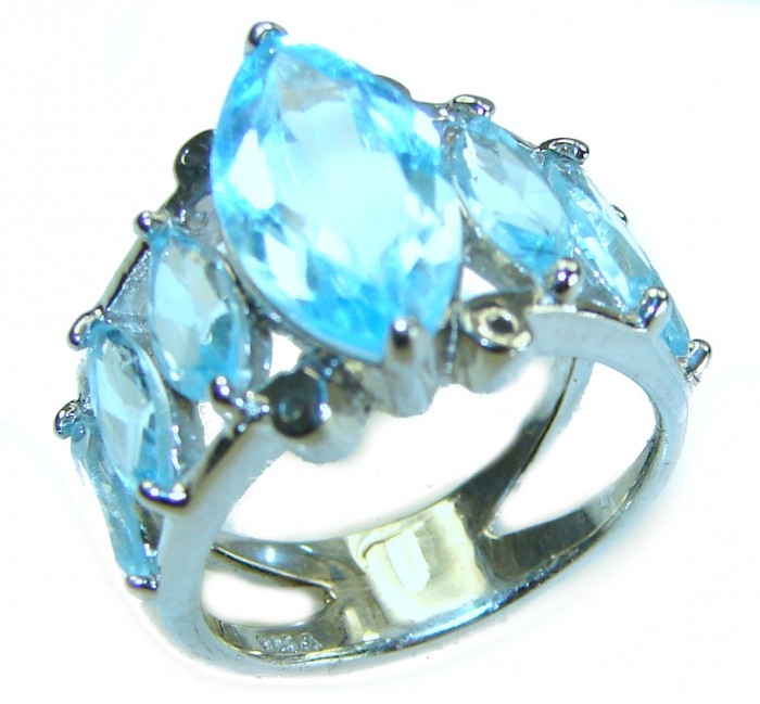 Atlantica 9.5 carat genuine Swiss Blue Topaz .925 Sterling Silver handmade Statement Ring size 7 1/4 - Close-up of Swiss Blue Topaz ring in .925 Sterling Silver