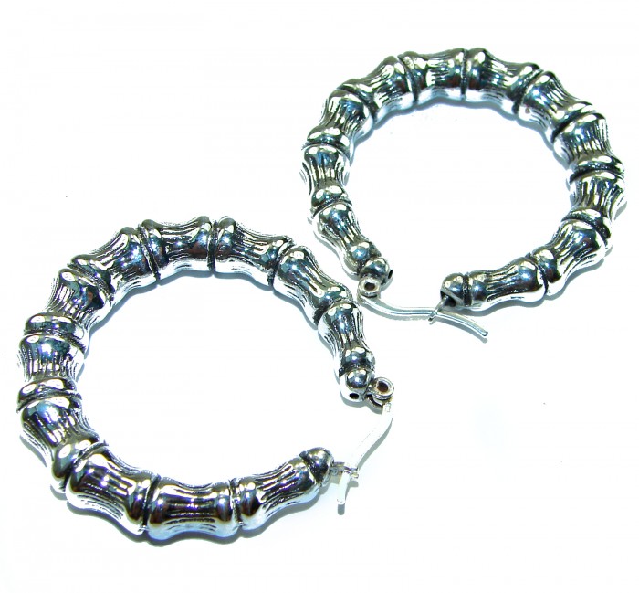 Huge - Bamboo Tree design .925 Sterling Silver handmade Bali made Earrings - Bamboo design sterling silver earrings, top view.