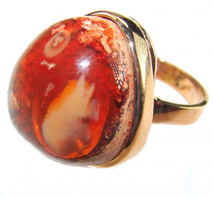 Inner Fire 25.5 carat Authentic Mexican Opal 14K Rose Gold over .925 Sterling Silver handcrafted ring size 8 adjustable - Close-up of Inner Fire Mexican Opal ring in 14K rose gold.